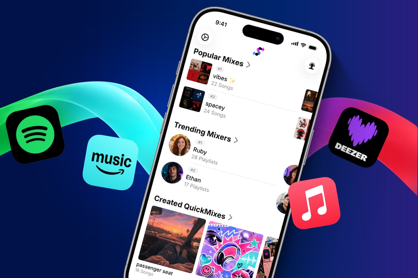 SongMix app showing Popular Mixes and Trending Mixers surrounded by music service icons